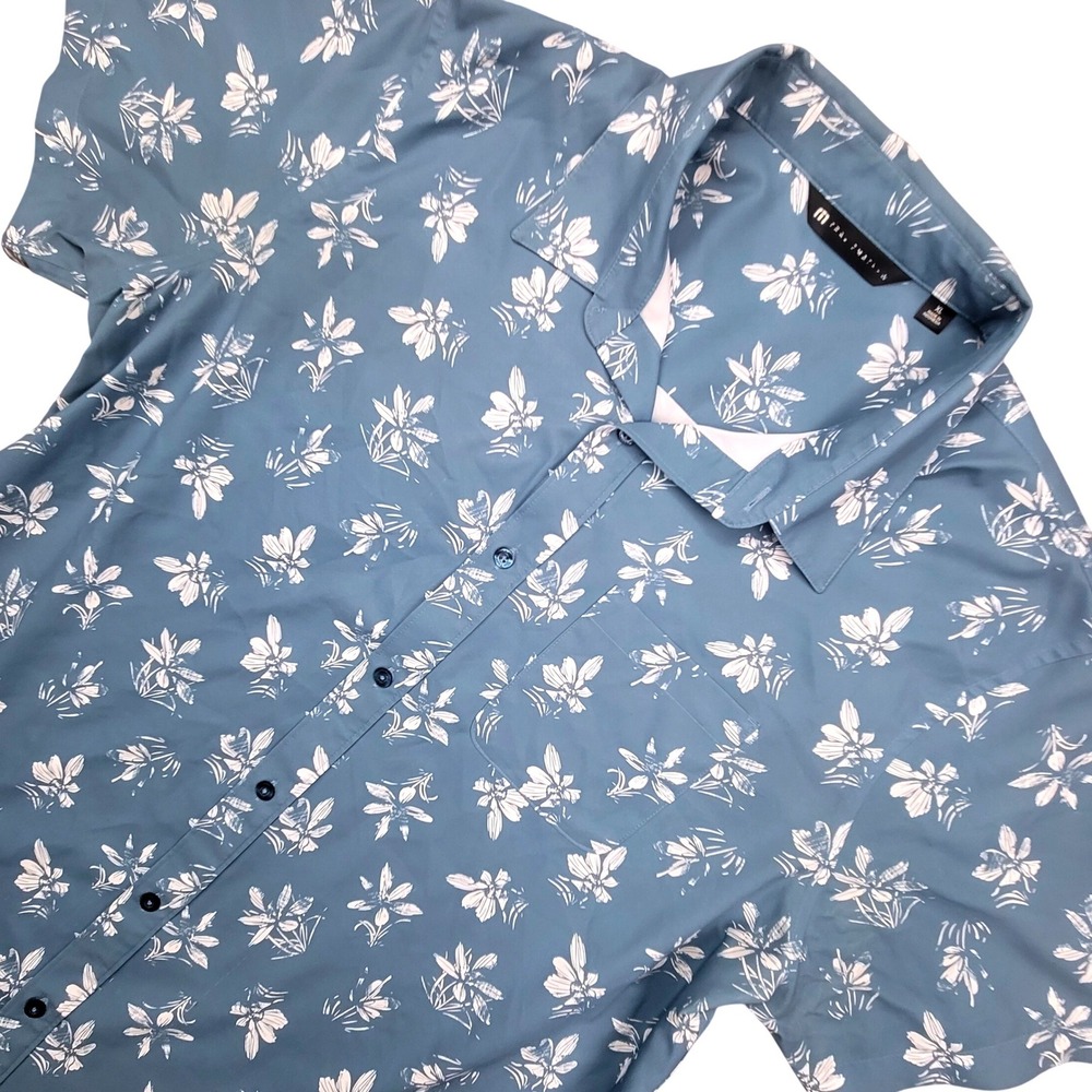 TravisMathew Mens XL Blue Floral Short Sleeve Button Down Golf Shirt Performance